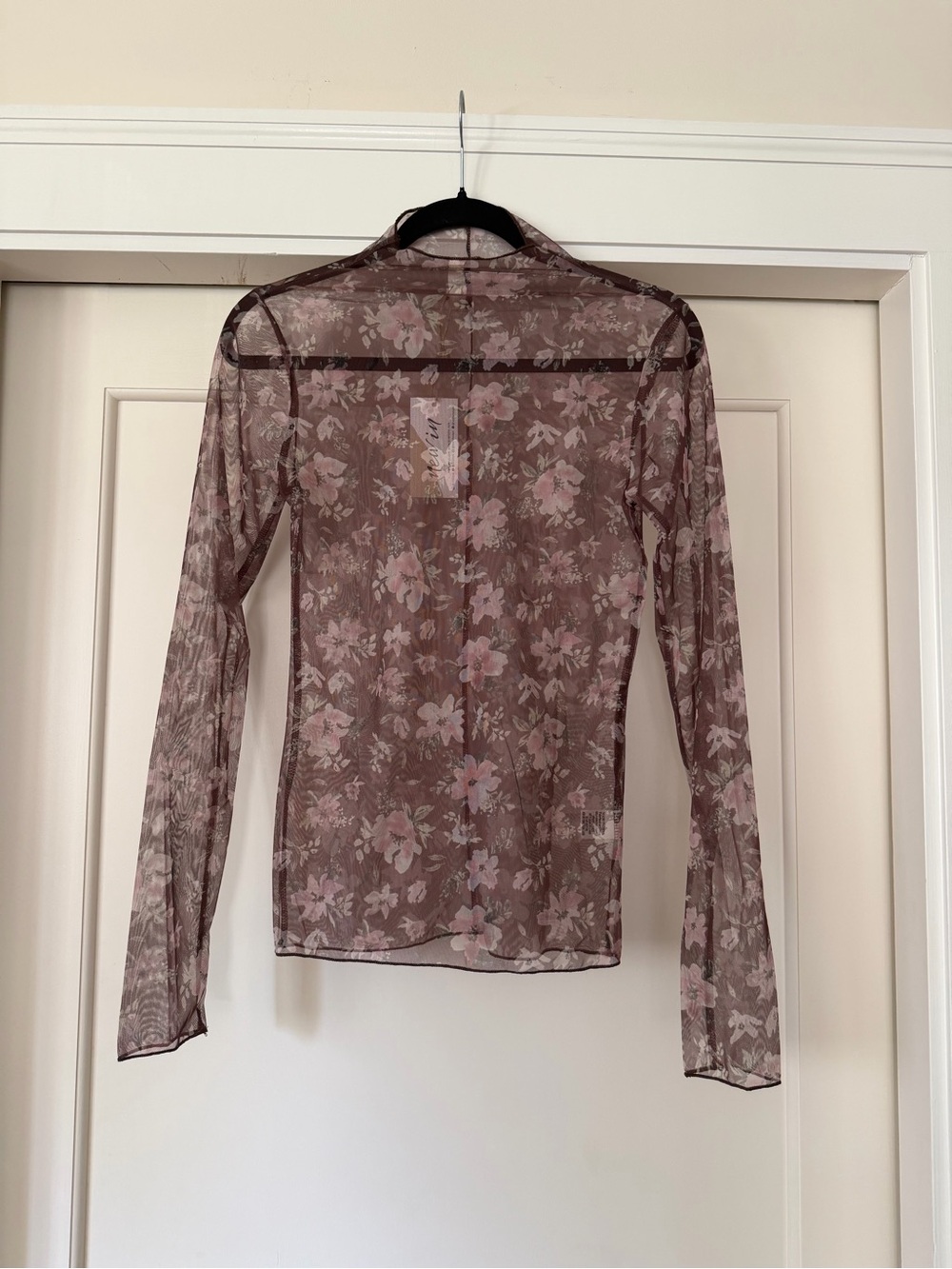 New In Brown Mauve Floral Sheer Mesh Mock Neck Layering Top L NWT